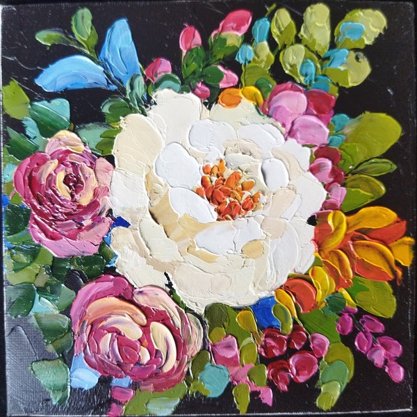 tableau " impasto " 100% peint à la main huile sur carton entoilé 15x15 cm ou 6x6Inch. art floral fleurs naturelles sauvages