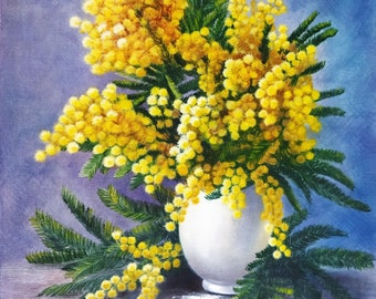 tableau peinture à huile sur toile bouquet de mimosas dans un vase, art original , fait à la main, 46 cm x 38 cm