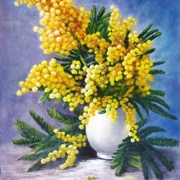tableau peinture à huile sur toile bouquet de mimosas dans un vase, art original , fait à la main, 46 cm x 38 cm
