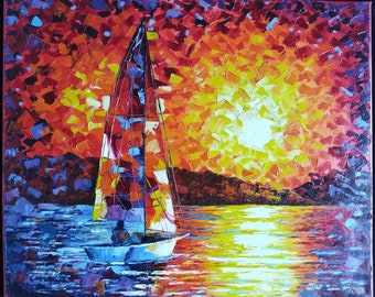 Olieverfschilderij op glanzend gelakt doek 61 x 50 cm 100% handgeschilderd "terugkeer van een visser naar de haven bij ondergaande zon"
