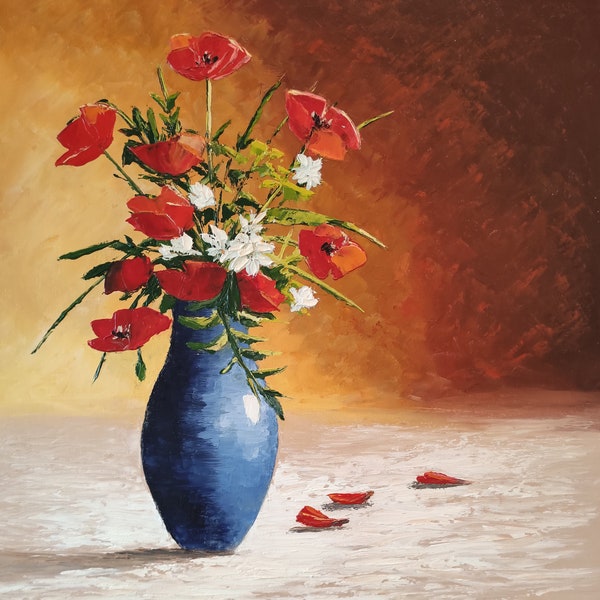 peinture à l'huile, fleurs, bouquet de coquelicots, fait à la main, décoration murale, huile sur panneau de bois, 30 cm x 31 cm.