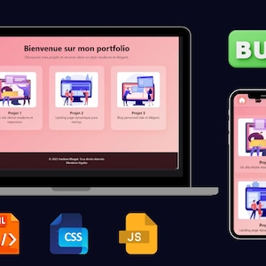Peut inclure: Un ordinateur portable et un smartphone affichent une conception de site web avec le texte "Bienvenue sur mon portfolio". La conception comprend des illustrations et les mots "Projet 1", "Projet 2" et "Projet 3". Des icônes HTML, CSS et JS sont également présentes.