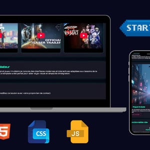 May include: A laptop and smartphone display a website interface with video game trailers. The laptop screen shows "Grand Theft Auto" and "Venom" trailers. The smartphone displays a city scene. The image also includes HTML5, CSS, and JS icons.