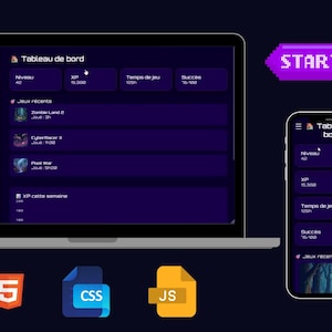 Peut inclure: Un ordinateur portable et un smartphone affichent une interface de jeu avec un thème violet foncé. L'ordinateur portable montre un tableau de bord avec des statistiques de jeu, tandis que le téléphone reflète l'interface. L'image comprend des icônes HTML5, CSS et JS, et un bouton "Start Game".