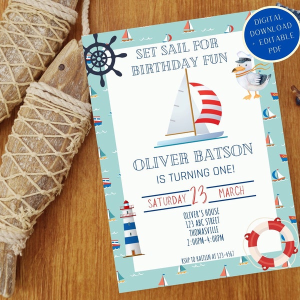 Set Sail First Birthday Party Invitation, Digital and Editable Download, Customizable Invitation, Boy Birthday, Templett, Sailing