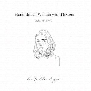Puede incluir: Dibujo de línea de una mujer con flores alrededor del cuello. La mujer tiene el pelo largo y mira al espectador. Las flores son estilizadas y tienen cinco pétalos cada una. El dibujo está en blanco y negro y tiene un estilo simple y elegante.