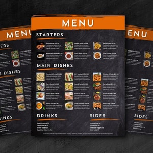 Plantilla de menú de restaurante moderno / Plantilla Canva de menú de pizarra / Menú de cafetería de restaurante editable con fotos / Menú de bebidas de comida personalizable