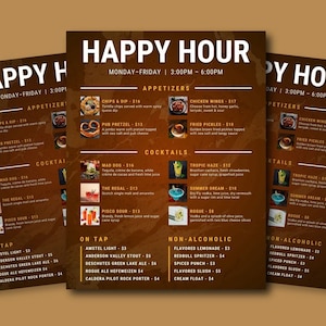 Plantilla de menú de happy hour moderna / Plantilla de menú de cócteles de 8,5 x 11" para Canva / Menú de bar personalizable con fotos / Plantilla de diseño de menú de Canva