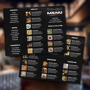 Plantilla Canva de menú de comida para llevar moderna / Plantilla de Canva de folleto tríptico de menú de restaurante / Menú para llevar editable con fotos / Diseño de menú personalizado