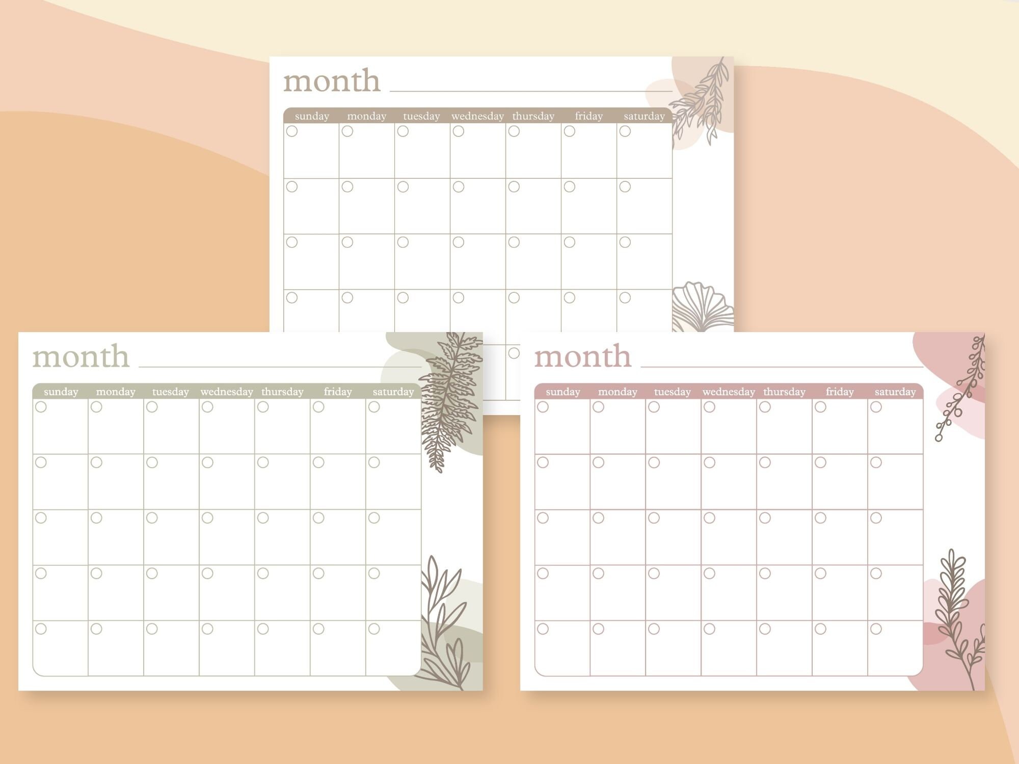 Printable Fill in Monthly Calendar Pack Boho Minimal Modern Monthly Calendar Sheets Natural