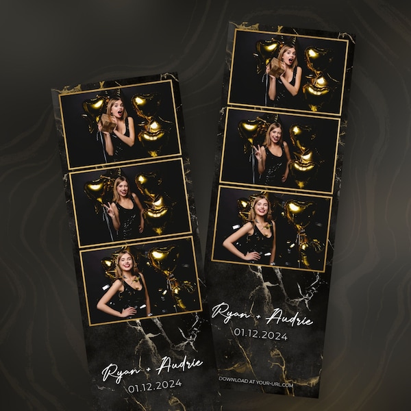 Black & Gold Marble Photobooth Print Template | Classy Black Gold Photobooth Strip Template | Elegant Black Marble Photobooth Print Design