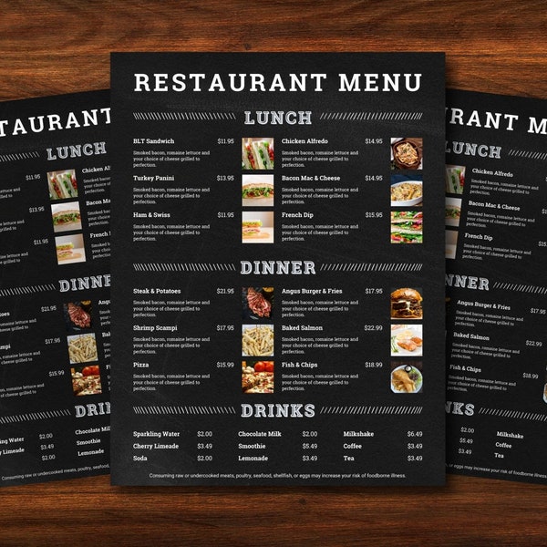 Modern Restaurant Menu Template | Chalkboard Menu Canva Template | Editable Restaurant Cafe Menu With Photos | Customizable Food Drink Menu