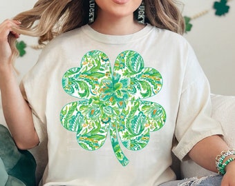Preppy Floral Green St Patricks Day Shamrock PNG, Four Leaf Clover Design, St Patricks Day Shirt, Sublimation Digital Download