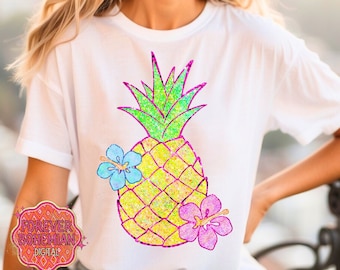 Sparkly Faux Glitter Pineapple PNG, Tropical Summer PNG, Hibiscus Flower, Summer Shirt Design, Digital Download