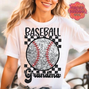 May include: White t-shirt with a black and white checkered design, a silver glitter baseball with red stitching, and the text "Baseball Grandma".