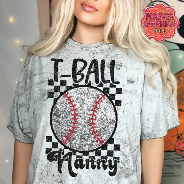 Sparkly Checkered T-Ball Nanny PNG, Faux Glitter Baseball PNG, T-Ball Shirt Design, Sequin Baseball Nanny, T-Ball Sublimation PNG