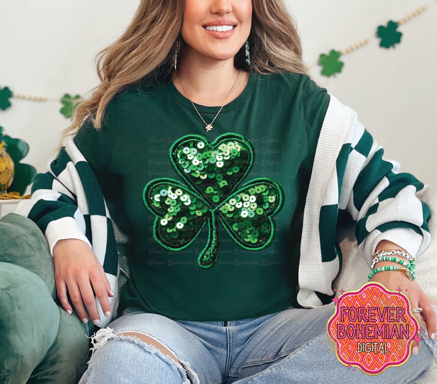Neon Pink Checkered Shamrock Sequin Patch Tee