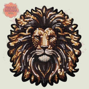 May include: A gold and black lion head patch made of sequins. The lion's mane is made of gold sequins and the face is made of black sequins.