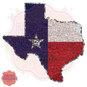 Op de afbeelding: Een glinsterende omtrek van de staat Texas met de kleuren van de vlag van Texas: blauw, wit en rood. De ster in het blauwe gedeelte glinstert ook.