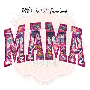 May include: A pink, blue and yellow "MAMA" graphic with a tribal pattern. The letters are outlined in black and have a glittery effect.