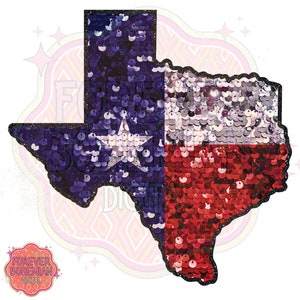 May include: A sparkly sequin outline of the state of Texas with the Texas flag design in red, white, and blue sequins.