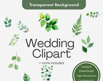 Op de afbeelding: Een verzameling aquarel trouw clipart met diverse groene bladeren en bladeren. De afbeelding bevat de tekst "Wedding Clipart" en "21 JPEG & PNG FILES Transparent Background". Bevat ook "Instant Download High Resolution Commercial License".