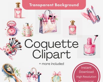 21 Coquette Vanity Clipart, Beauty Icons PNG, Pink Makeup Bag Clip Art, Perfume Bottle PNG, Watercolor Brushes, Soft Girl Aesthetic, JPG