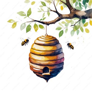 12 Bee Clipart, Honey Clipart, Watercolor Beehive, Printable JPGs, Digital Download, Scrapbooking, Junk Journals, Crafting