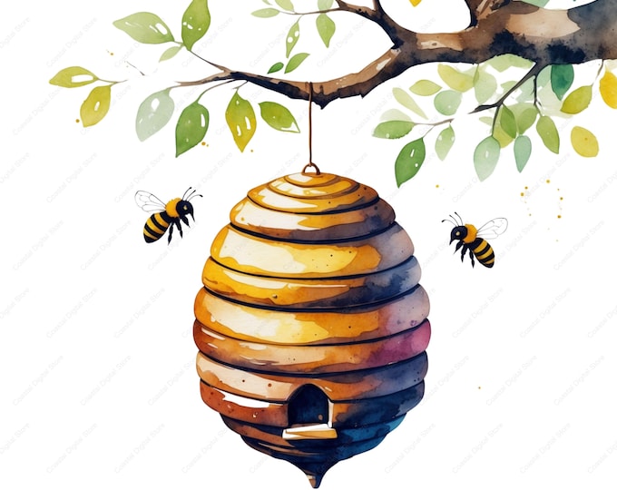 16 Beehive Clipart Bundle, Printable Watercolor Honey and Bees Clipart ...