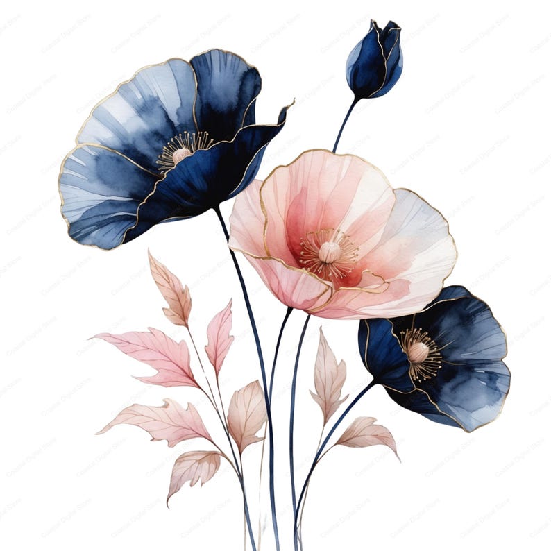 17 Navy and Blush Floral Clipart: Wedding Flower Graphics (PNG JPG) - Etsy