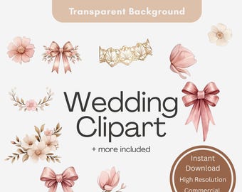 Blush Bow Wedding Clipart, Floral Lace PNG (Digital Download)