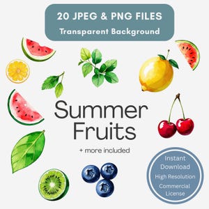 Paquete de 20 imágenes prediseñadas de frutas de verano, 20 archivos PNG y JPEG, ilustraciones de frutas en acuarela: limón, sandía, kiwi y cereza, fondo transparente.