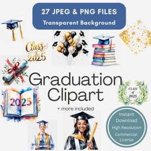 27 Watercolor Graduation Clipart, Class of 2025 PNG Bundle, Graduation Cap PNG, Diploma Clipart, Graduate Clip Art, Party Clipart Set
