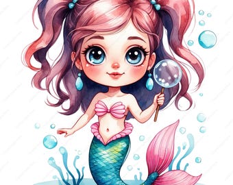 12種類のかわいい赤ちゃん人魚クリップアート、かわいい人魚PNG、海の下のデジタルダウンロード、海の女の子のクリップアート、インスタントダウンロード、人魚のグラフィック