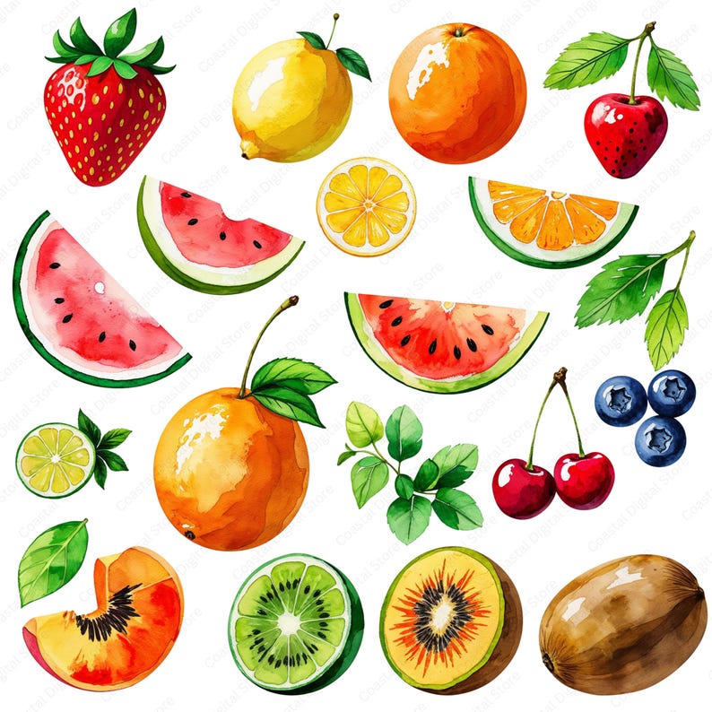20 Watercolor Summer Fruits Clipart Bundle: PNG & JPEG Files (digital ...