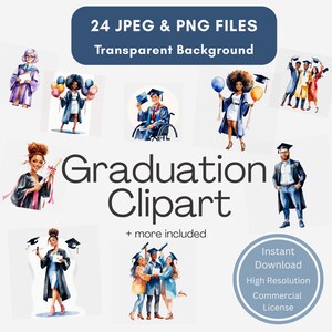24 Watercolor Graduate Clipart, Diverse Graduation PNGs, Class of 2025 Characters, Inclusive Cap and Gown Clip Art, Graduation Bundle