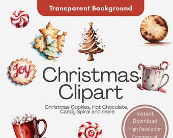 11 Christmas Cookie and Cocoa Clipart,  PNG and & JPEG Files, Holiday Treats, Peppermint, Transparent Background