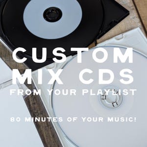 May include: A collection of custom mix CDs in clear jewel cases, with the text "CUSTOM MIX CDS FROM YOUR PLAYLIST" and "80 MINUTES OF YOUR MUSIC!" on the image. The CDs are white and black.