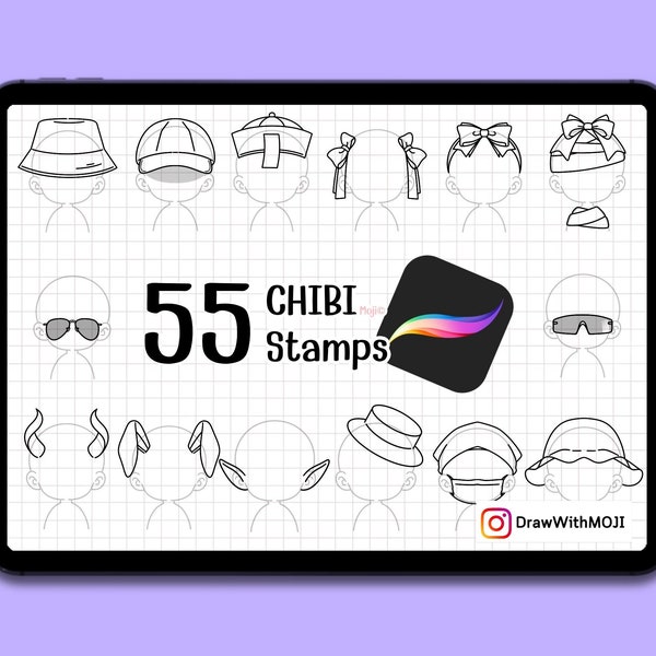 55 Chibi Accessories Stamps for Procreate, Anime, Figure, Brushes, Twitch Emotes, Discord, Hats, horns, animal ears, glasses, hair bows