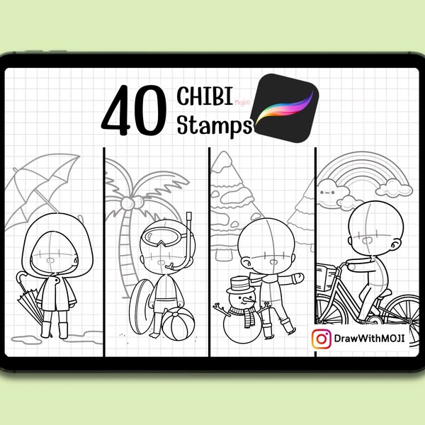 40 Chibi Four seasons Stamps for Procreate (summer, rainy, winter and spring), Anime Figure, Twitch Emotes, Discord, sketch, Brushes