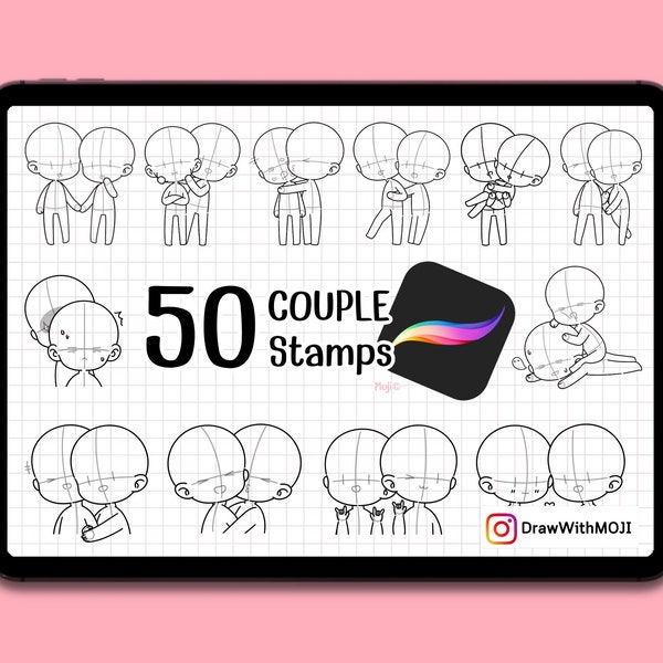 50 Chibi Couple Stamps for Procreate, Chibi character, Anime, Figure, Brushes, Chibi, Twitch Emotes, Discord, couple, love, valentine