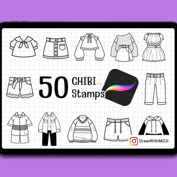 50 Chibi Outfit Stamps for Procreate, Clothes Stamp, Fashion Design, Anime Figure, Brushes, Twitch Emotes, Discord, sketch, dress, shirt