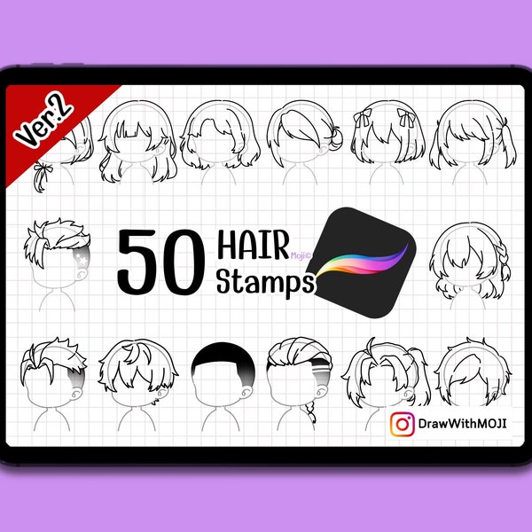 50 Chibi Hair (Ver.2) Stamps for Procreate, character, Anime, Figure, Brushes, Chibi, Twitch Emotes, Discord, hair