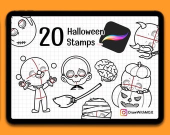 20 Halloween Chibi Stamps for Procreate, Anime Figure, Brushes, Twitch Emotes, Discord, sketch, spooky season, pumpkin