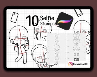10 Chibi Selfie Stamps for Procreate, Chibi character, Anime, Figure, Brushes, Chibi, Twitch Emotes, Discord
