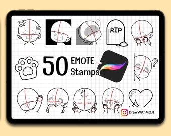 50 francobolli base emote Chibi per Procreate, figura anime, pennelli, emote Twitch, Discord, schizzo