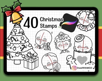 40 Christmas Chibi Stamps for Procreate, brushes, Twitch Emotes, Discord, sketch, Anime Figure, Christmas Stamps, Santa, snowman, reindeer