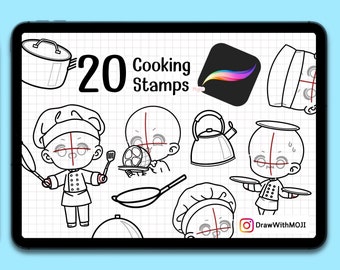 20 Cooking Chibi Stamps for Procreate, brushes, Twitch Emotes, Discord, sketch, Anime Figure, chef, food, kitchen, kitchenware, cook