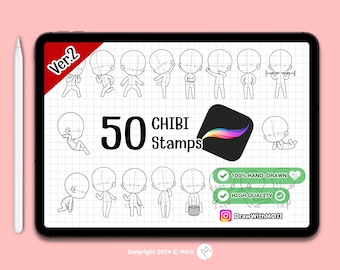 50 Chibi Full body (Ver.2) Stamps for Procreate, Chibi character brush, Procreate, Anime, Figure, Brushes, Chibi, Twitch Emotes, Discord