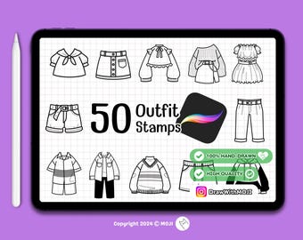 50 Chibi Outfit Stamps for Procreate, Clothes Stamp, Fashion Design, Anime Figure, Brushes, Twitch Emotes, Discord, sketch, dress, shirt